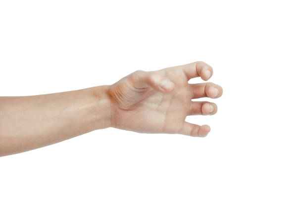 istock man hand holding something like a bottle on white background 886875718