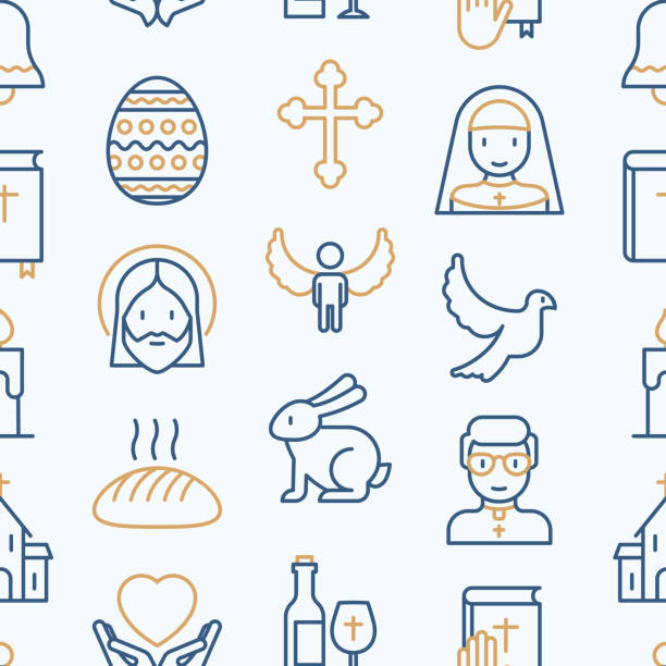 das christentum musterdesign mit dünne linie symbole der kirche, nonne, priester, kreuzigung, jesus, bibel, taube. vektor-illustration für printmedien, banner, web-seite. - nun stock-grafiken, -clipart, -cartoons und -symbole