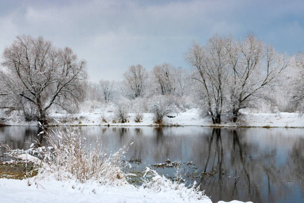 istock River bank after a snowfall on a cloudy winter day. Winter landscape 886878292
