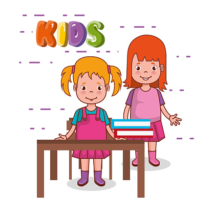 little kids group in classroom avatars characters vector illustration design