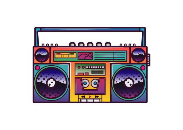 Retro boombox in 80's-90's trendy style. Colorful illustration on white background Retro boombox in 80's-90's trendy style. Colorful illustration on white background in filled outline style audio cassette illustrations stock illustrations