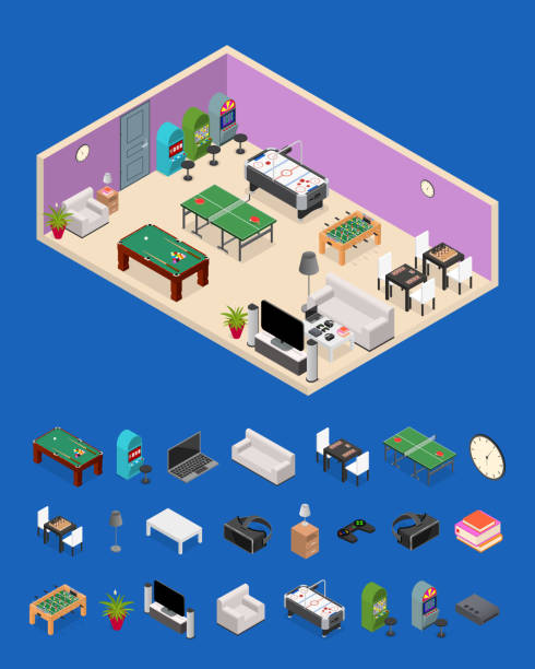 Interior Game Room and Parts Isometric View. Vector Interior Game Room and Parts Isometric View Furniture and Equipment Design Leisure Concept. Vector illustration pool at the crook stock illustrations
