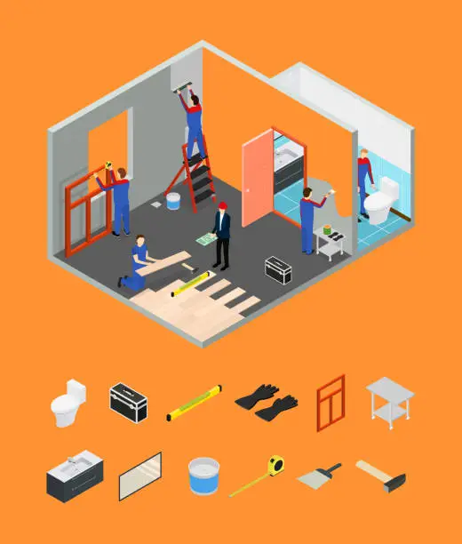 Vector illustration of Interior Renovation Room or House and Parts Isometric View. Vector