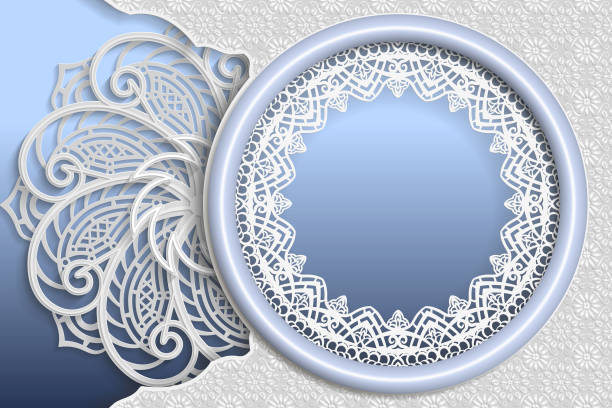 istock Template of wedding greetings or invitations. 3D mandala, round frame with lace edges, surface with a relief pattern. Floral background on the surface. Place for the inscription in the frame. Vector. 886885282