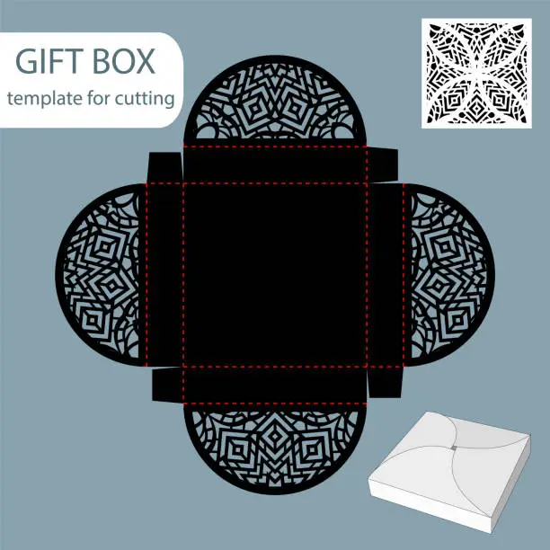 Vector illustration of Paper gift box, lace pattern, square bottom, cut out template, packaging for retail, greeting packaging, can be laser cut, vector illustrations.