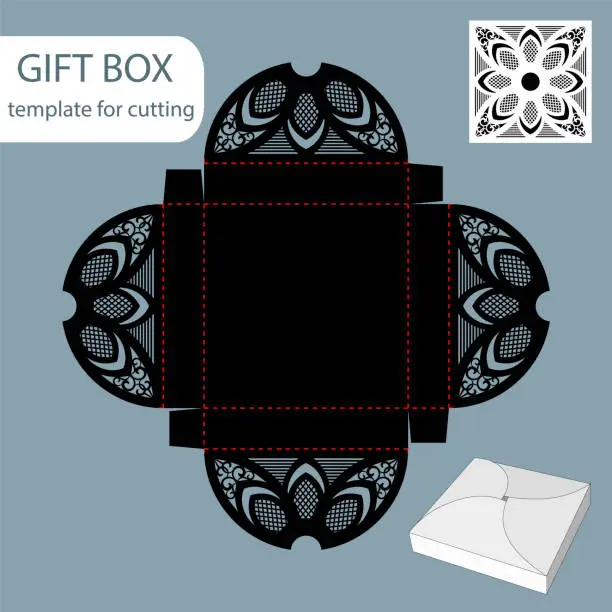 Vector illustration of Paper gift box, lace pattern, square bottom, cut out template, packaging for retail, greeting packaging, can be laser cut, vector illustrations.