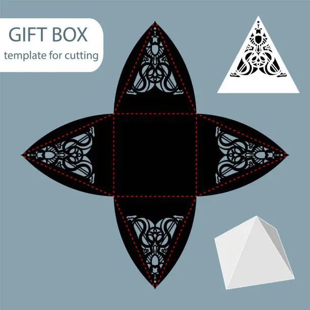 Vector illustration of Paper gift box, lace pattern, pyramid with a square bottom, cut out template, packaging for retail, greeting packaging, can be laser cut, vector illustrations.