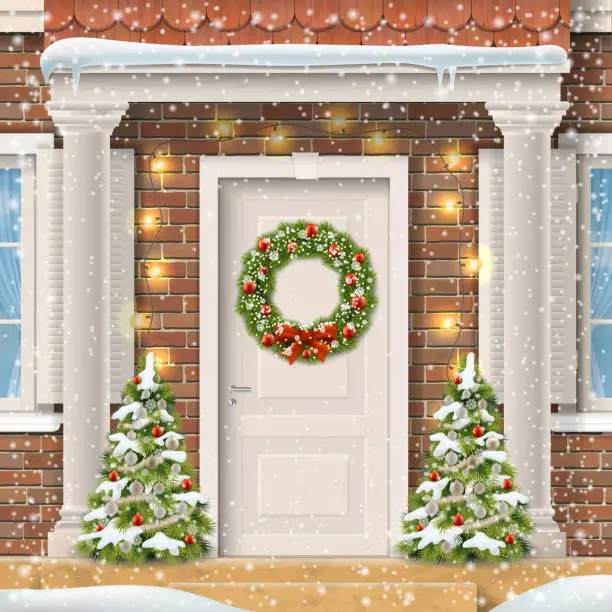 Vector illustration of The door decorated with a Christmas wreath