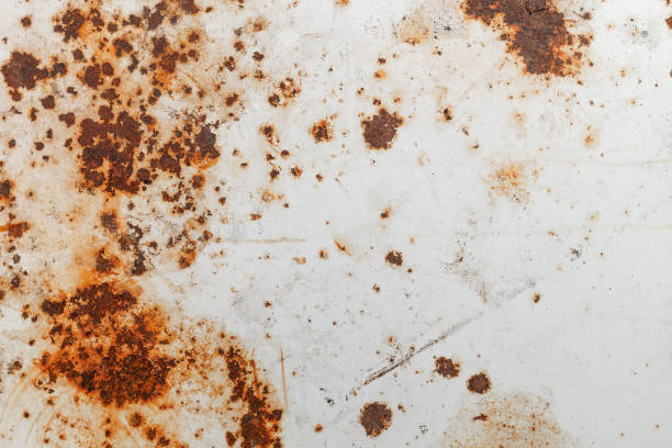 bright rust stains texture paint showing through to rust underneath - steel material metal iron imagens e fotografias de stock