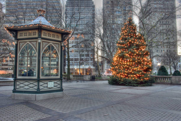 Christmas Tree in Rittenhouse Square in Philadelphia Twinkling Christmas lights on the Rittenhouse Square Christmas tree in Philadelphia, Pennsylvania philadelphia winter stock pictures, royalty-free photos & images
