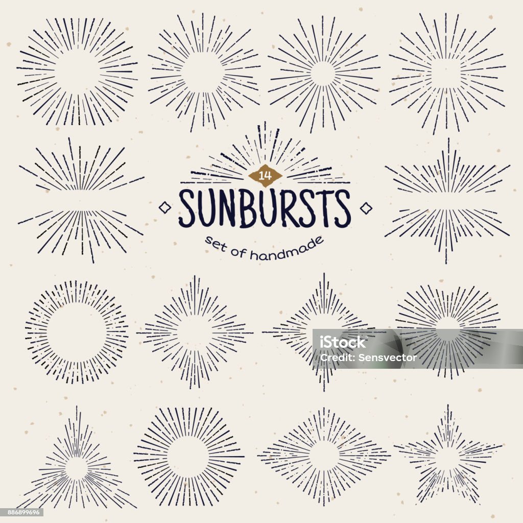 Sunburst géométriques dessinés à la main, des faisceaux de soleil sous différentes formes. Étoile qui brille avec des rayons sous forme de lignes, ondes linéaires de la lumière du soleil. Symbole de feux d’artifice été et coucher de soleil, lever du soleil et radial. Style vintage - clipart vectoriel de Rayon de soleil libre de droits