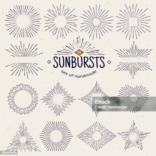 Sunburst Géométriques Dessinés À La Main Des Faisceaux De Soleil Sous Différentes Formes Étoile Qui Brille Avec Des Rayons Sous Forme De Lignes Ondes Linéaires De La Lumière Du Soleil Symbole De Feux Dartifice Été Et Coucher De Soleil Lever Du Soleil Et Radial Style Vintage Vecteurs libres de droits et plus d'images vectorielles de Rayon de soleil