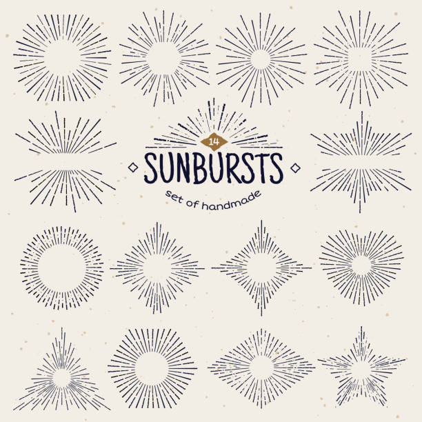 Geometric hand drawn sunburst, sun beams in different forms. Star shining with rays in form of lines, linear sunlight waves. Summer and sunset, sunrise and radial fireworks symbol. Vintage style Geometric hand drawn sunburst, sun beams in different forms. Star shining with rays in form of lines, linear sunlight waves. Summer and sunset, sunrise and radial fireworks symbol. Vintage style. label drawings stock illustrations