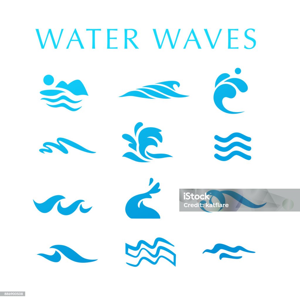 Vector collection of flat water wave icons isolated on white background. Vector collection of flat water wave icons isolated on white background. Water logo, emblem design. Blue water splashes symbol, ocean, different sea waves rolling sign. Wave - Water stock vector