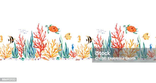 Oceanic Creature Seamless Repeat Border With Cute Turtleseaweedcoral Reeffishesseahorse Stock Illustration - Download Image Now