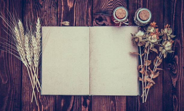 istock Open book with empty pages on  wooden table. Notebook, wheat ears, dried flowers and bottles. Copy space 886930764