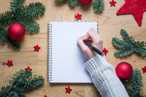 istock Writing on an empty notepad with Christmas decorations and fir branches on a wooden table from above 886934558