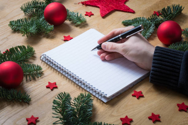 istock Writing on an empty notepad with Christmas decorations and fir branches on a wooden table seen from the side 886934900