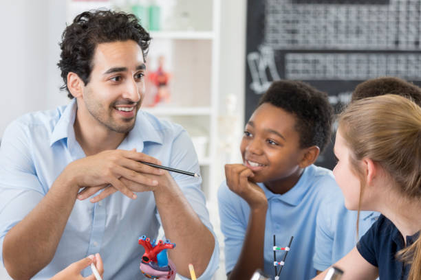 istock Confident middle school teacher explains something to middle school students 886934998