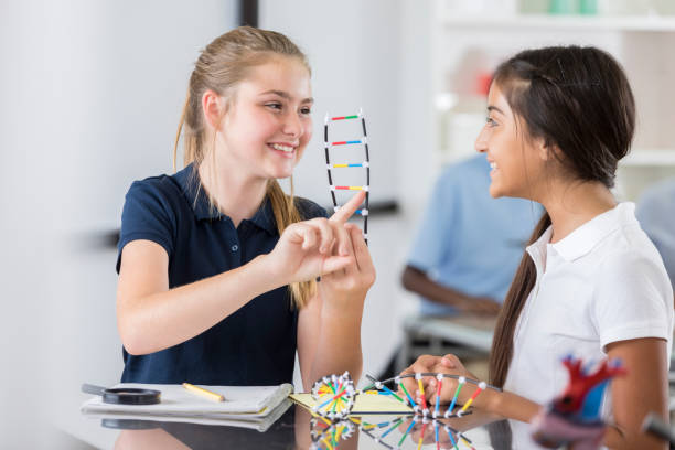 istock Confident middle school girl discusses DNA structure with her friend 886935096