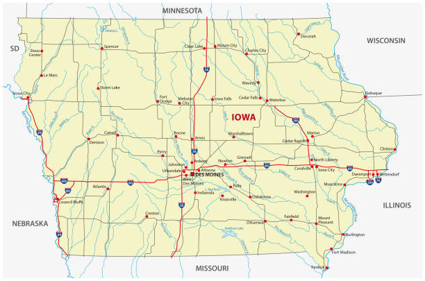 ilustraciones, imágenes clip art, dibujos animados e iconos de stock de mapa de carretera de iowa - iowa map