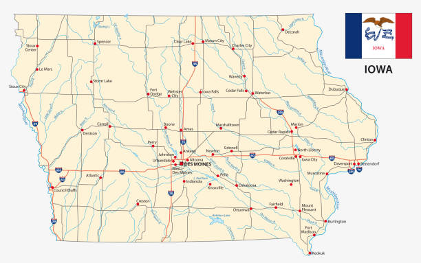 ilustraciones, imágenes clip art, dibujos animados e iconos de stock de mapa de carretera de iowa con bandera - south dakota