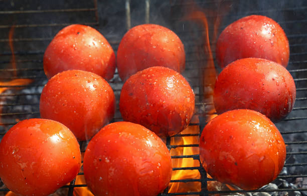 close-up vermelho tomate cozido na churrasqueira - barbecue grill broiling barbecue vegetable - fotografias e filmes do acervo