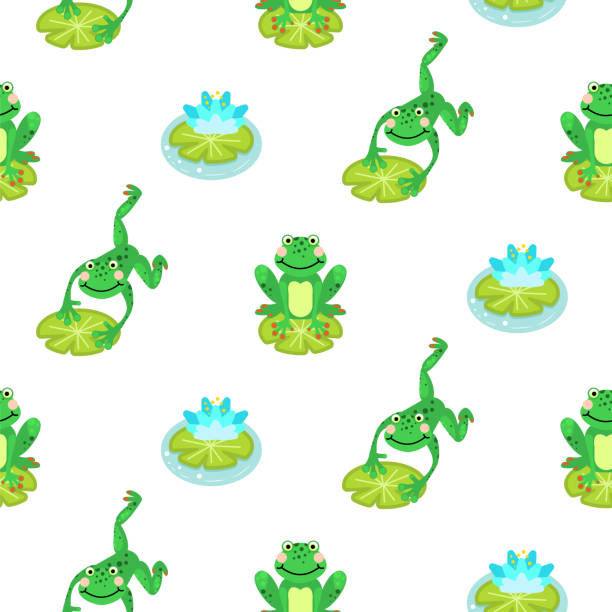 개구리 만화 녹색 원활한 벡터 패턴 - frog jumping pond water lily stock illustrations