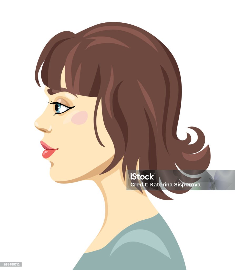Vector Cartoon Womans Portrait With Fringe And Brown Hair Isolated On White  Background Stock Illustration - Download Image Now - iStock