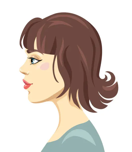 Vector illustration of Vector cartoon woman's portrait with fringe and brown hair isolated on white background