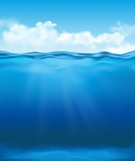 Vector illustration of Vector realistic underwater view with clear blue water with sun rays and clouds in the sky