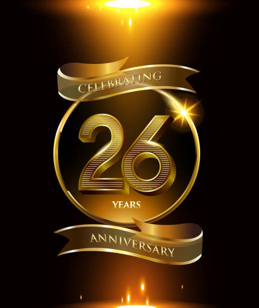 26th years anniversary logo with golden ring and ribbon colored isolated on black background, vector design for party greeting card and invitation card. celebration logotype template anniversary logo with golden ring and ribbon colored isolated on black background, vector design for party greeting card and invitation card. celebration logotype template number 26 stock illustrations