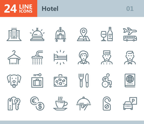 Hotel - line vector icons Vector Line icons set. One icon consists of a single object. Files included: Vector EPS 10, HD JPEG 3000 x 2600 px bellhop stock illustrations