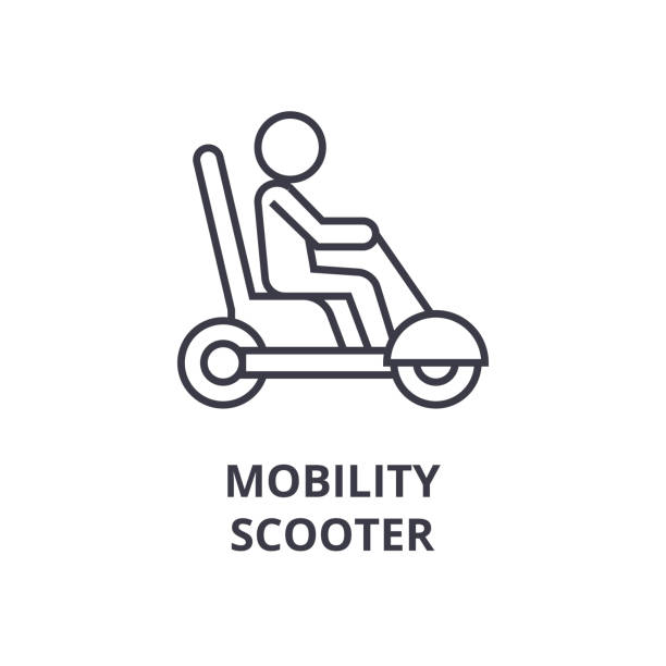 ikona linii skutera mobilności, znak konspektu, symbol liniowy, wektor, płaska ilustracja - men chair wheelchair sport stock illustrations