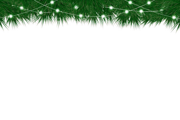 Christmas and New Year background with fir branches and christmas garland. Background with christmas tree and lights Christmas and New Year background with fir branches and christmas garland. Winter white background with christmas tree and lights. Vector pine garland stock illustrations