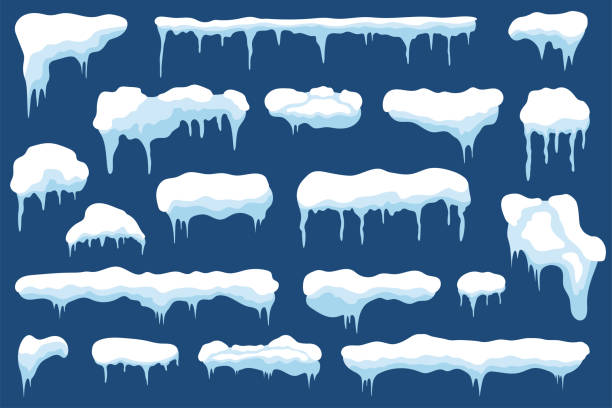 śnieg z soplami i zaspy śniegu. zimowe pokrywy śnieżne z lodem. zestaw różnych ośnieżonych ramek do dekoracji - snow icicle ice winter stock illustrations