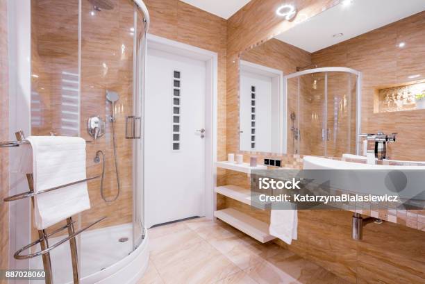 Beige Bathroom With Shower Stock Photo - Download Image Now - Shower, Enclosure, Ancient