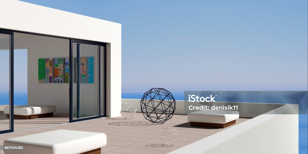 Patio modern marine Villa 3D illustration. Patio or terrace modern luxury villas with sea views. Window Stock Photo