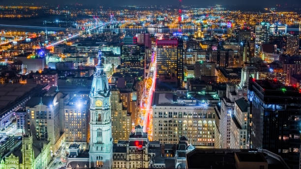 istock Aerial Philadelphia cityscape by night 887034462