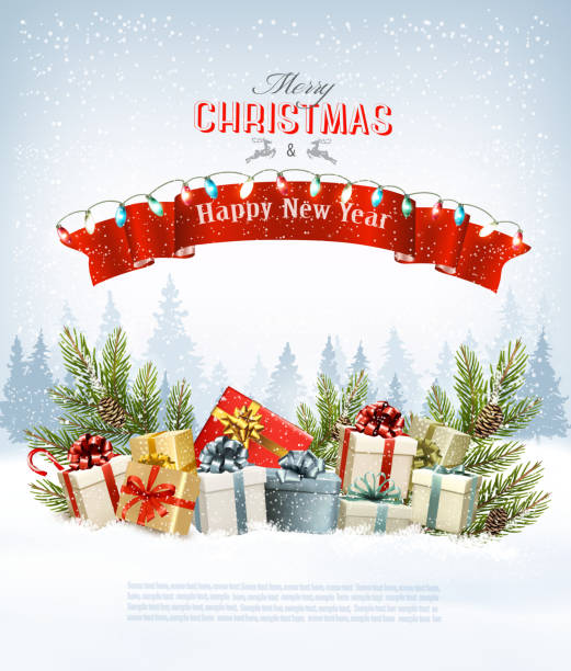 istock Merry Christmas Holiday Background with branches of tree and boxes. 887034822