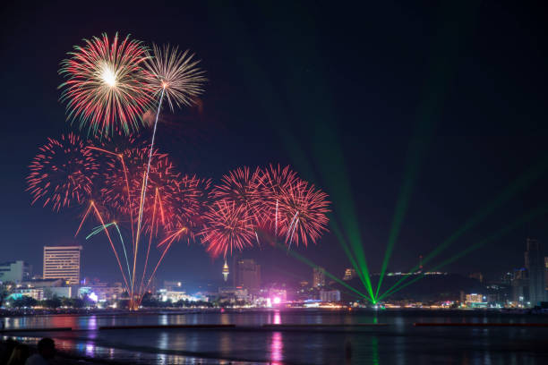 istock Beautiful firework display on celebration night, showing on the river 887035270