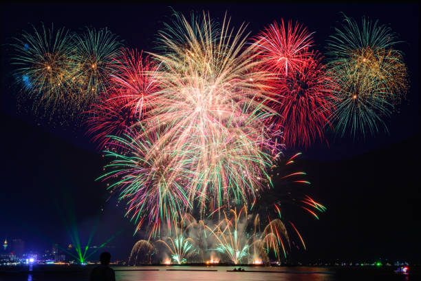 istock Beautiful firework display on celebration night, showing on the river 887035308