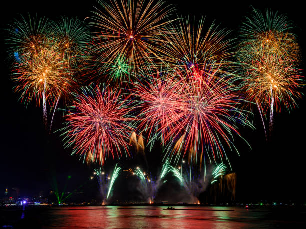 istock Beautiful firework display on celebration night, showing on the river 887035338