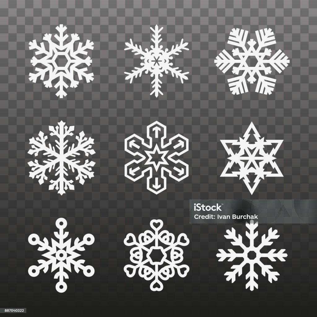 雪のいくつかの種類。格子縞の透明な背景の様々 な形の雪の結晶。ベクトル図 - 雪の結晶のロイヤリティフリーベクトルアート