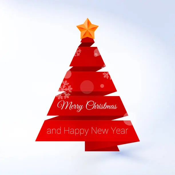 Vector illustration of Vector Christmas Tree Made of Red Ribbon on a Lite Background. Design Element for Greeting Card or Party Invitation. The Golden Christmas Star on Top. Design of a Congratulatory Text