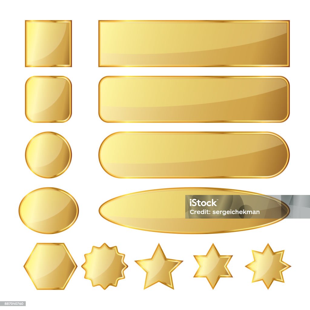 Set of golden buttons. Vector illustration Set of 13 glossy golden buttons or banners in different shapes. Vector illustration. Gold banners isolated on white background. Gold - Metal stock vector