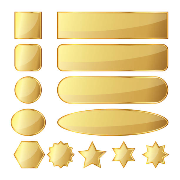Set of golden buttons. Vector illustration Set of 13 glossy golden buttons or banners in different shapes. Vector illustration. Gold banners isolated on white background. button sewing item stock illustrations