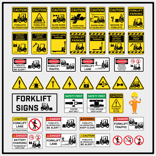 illustrazioni stock, clip art, cartoni animati e icone di tendenza di set di segnali di sicurezza e simboli di funzionamento del carrello elevatore, segnali di funzionamento del carrello elevatore da utilizzare nell'industria di alimentazione, carrello elevatore, carrello elevatore - safety sign