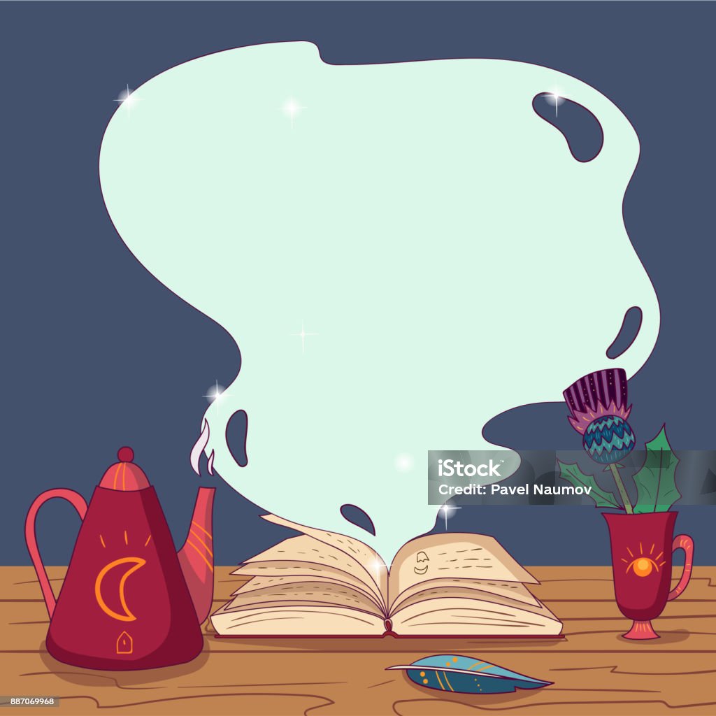 Ilustración de Abrir Libro De Magia Con Hechizos Pluma Tetera Y Taza Con Flores Sobre Mesa De Madera Tema De Cuento De Hadas Mano Dibujado Vector Diseño Para Cartel Niños O Tarjeta Ilustración de Abrir Libro De Magia Con Hechizos Pluma Tetera Y Taza Con Flores Sobre Mesa De Madera Tema De Cuento De Hadas Mano Dibujado Vector Diseño Para Cartel Niños O Tarjeta
