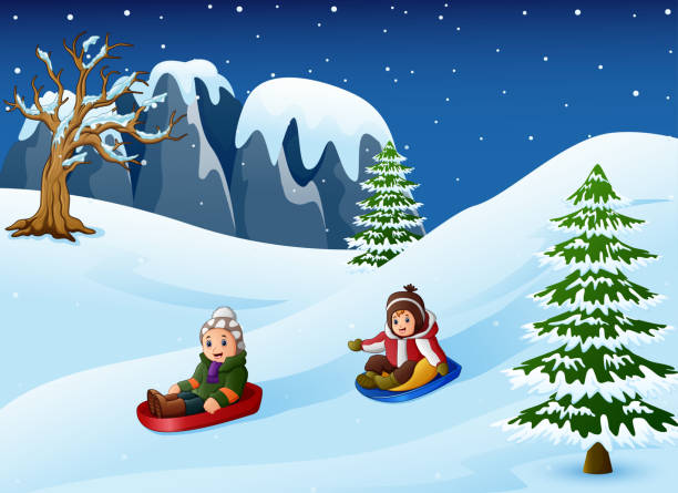 kinder im schnee bergab rodeln - snow dune stock-grafiken, -clipart, -cartoons und -symbole